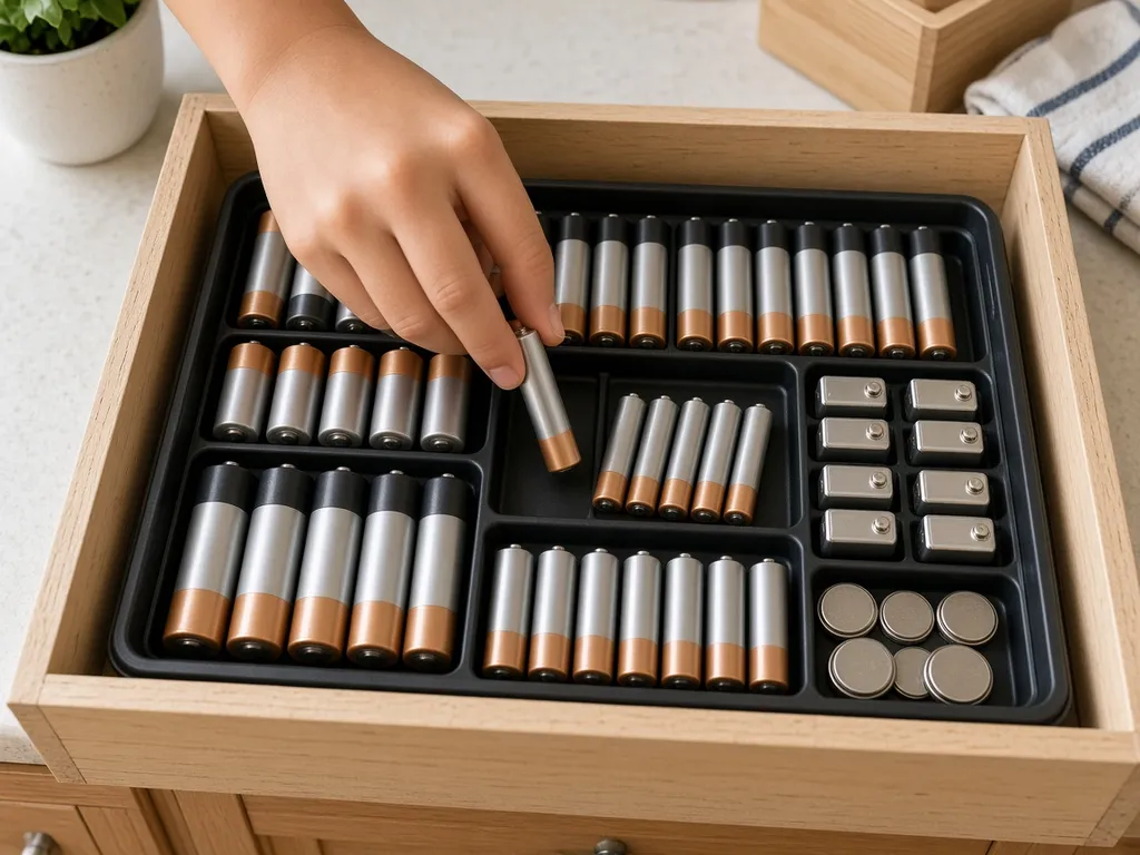 A hand picks an AAA battery from a drawer organizer sorted into AA, AAA, C, D, 9V and coin cell batteries (AI-generated image)