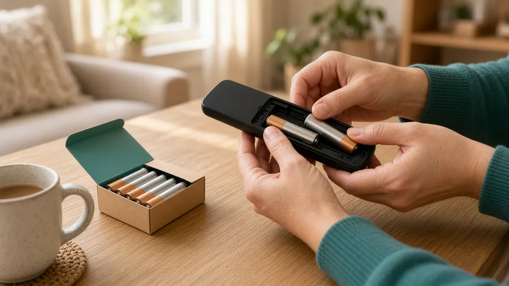 Hands slide two fresh AA batteries into the back of a TV remote on a sunny living room coffee table, an open box of batteries and a mug beside it (AI-generated image)